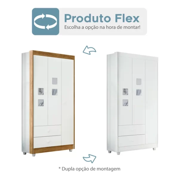 Roupeiro 3 Portas 2 Gavetas 100% MDF Flex Branco/ Amadeirado - Image 6